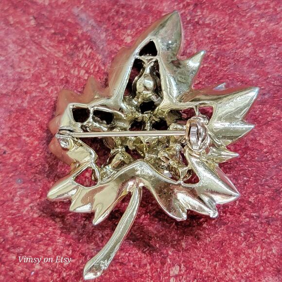Golden Leaf Brooch With Blue Rhinestones for Women, Gold Jewelry Pin - Picture 9 of 10